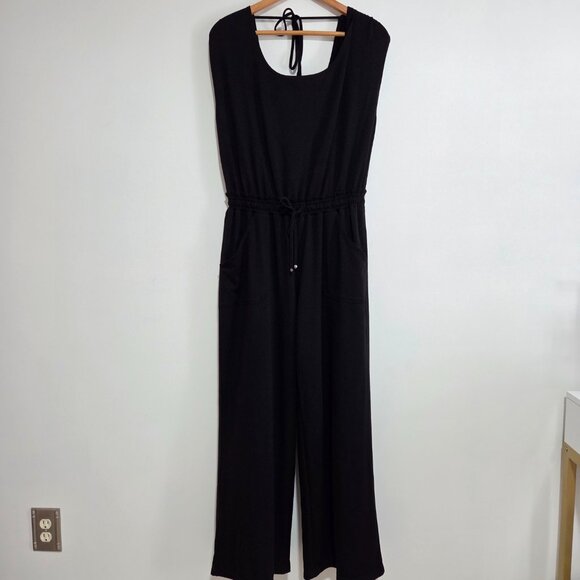 EUC MAX STUDIO BLACK DOUBLE SCOOP NECK MUSCLE SLEEVE STYLE JUMPSUIT SIZE M - Picture 2 of 16